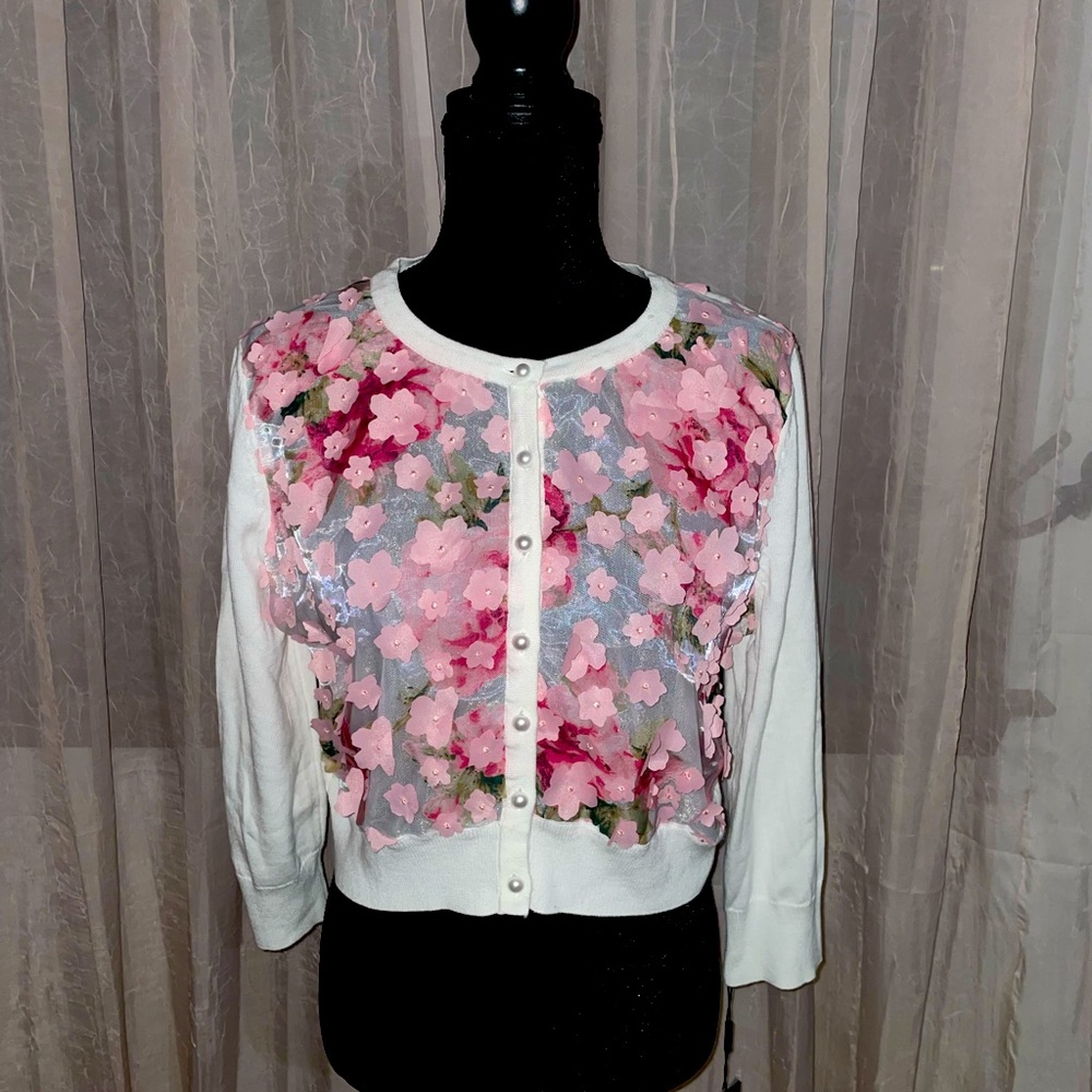 Karl Lagerfeld Cherry/Apple Blossom Appliqué cardigan, NWT, Size XL